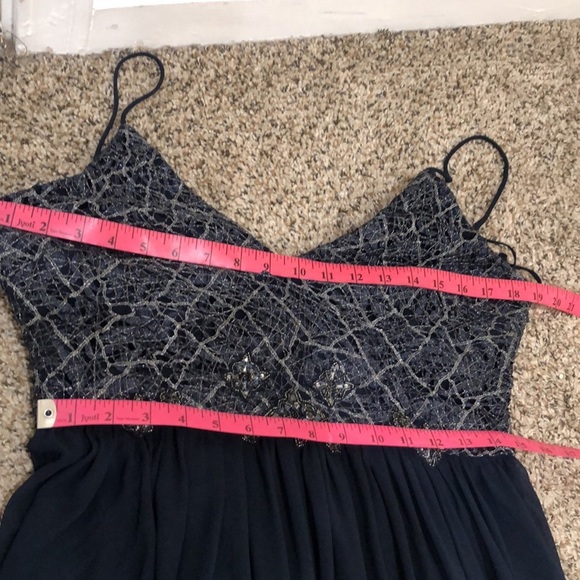 Badgley Mischka Formal Maxi Dress Size 12 Navy Blue Silver Spiderweb Beaded Gown - Picture 9 of 11